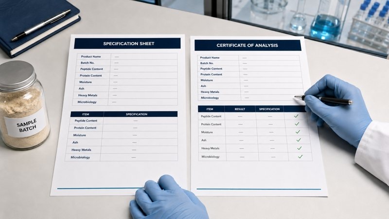 Earthworm Peptide Powder COA and specification sheet review for batch quality approval