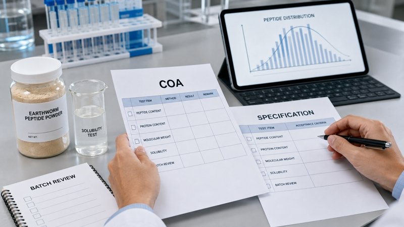 B2B buyer reviewing Earthworm Peptide Powder COA specification and formulation data