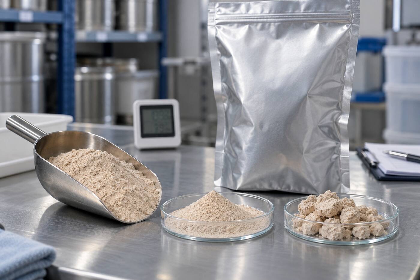 Earthworm Peptide Powder moisture control showing free-flowing powder and storage-related caking