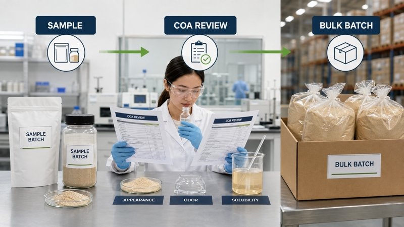 Earthworm Peptide Powder sample evaluation, COA review, and bulk batch approval