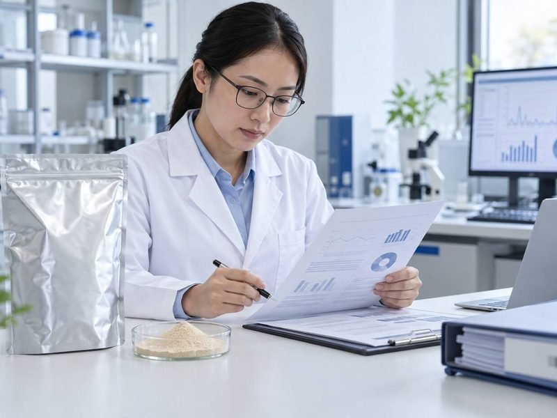 QA specialist reviewing Earthworm Peptide Powder shelf-life documentation and batch information