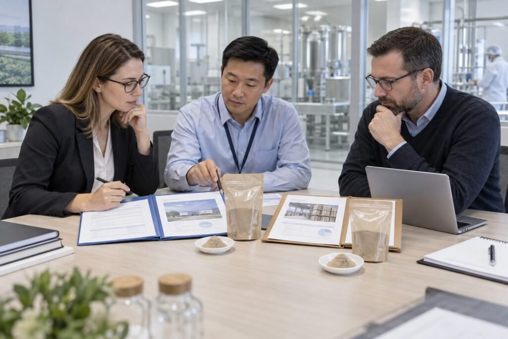 B2B sourcing team comparing Earthworm Peptide Powder manufacturer and trading company supply models