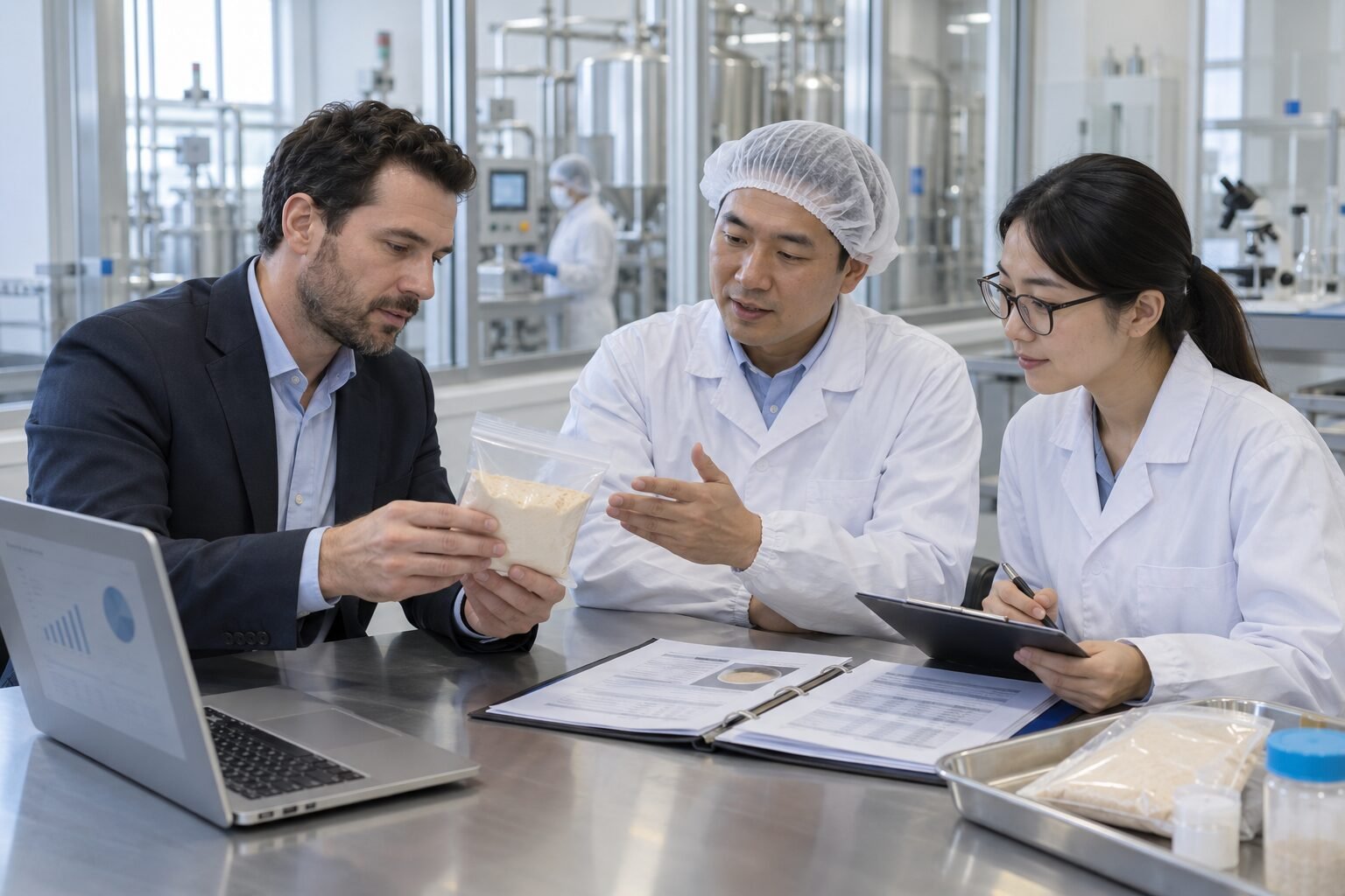 Ingredient buyer discussing Earthworm Peptide Powder specifications with production and quality-control personnel