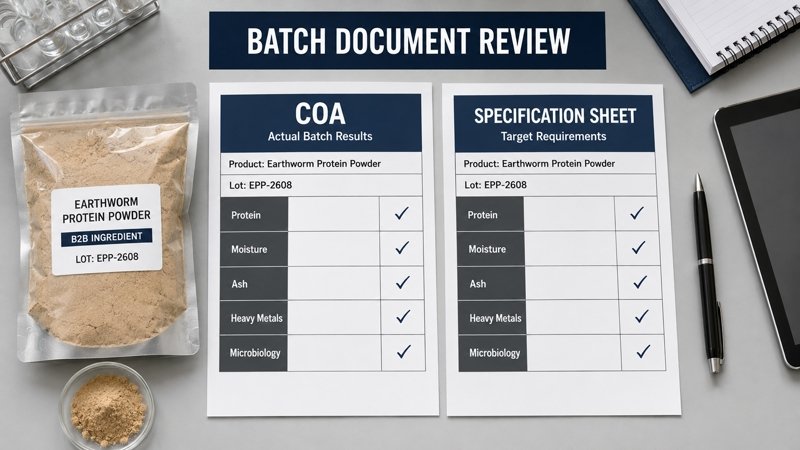 Buyer reviewing Earthworm Protein Powder COA and specification sheet for available batch