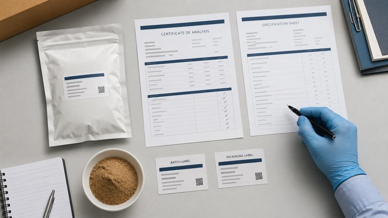 Earthworm Protein Powder batch traceability review using COA, specification sheet, sample and packaging labels