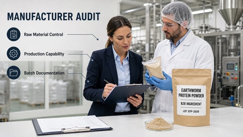 Earthworm Protein Powder manufacturer audit covering raw material and production control