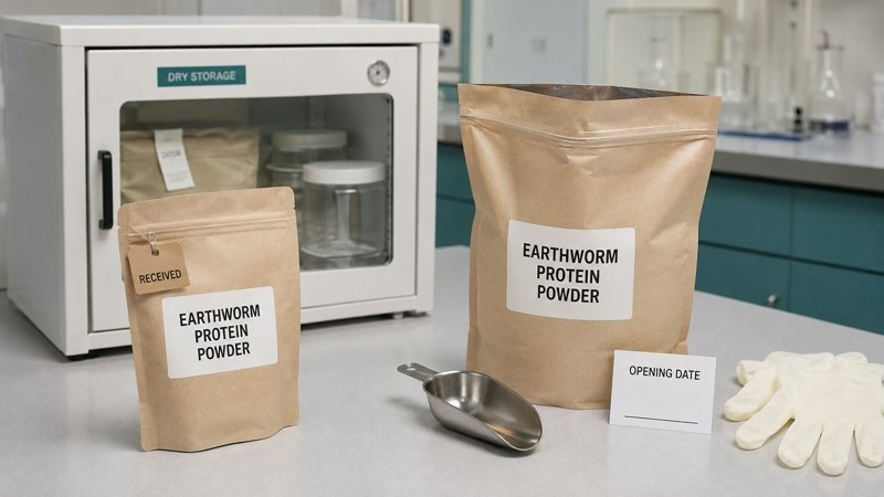 Earthworm Protein Powder sample storage and opened package handling procedures
