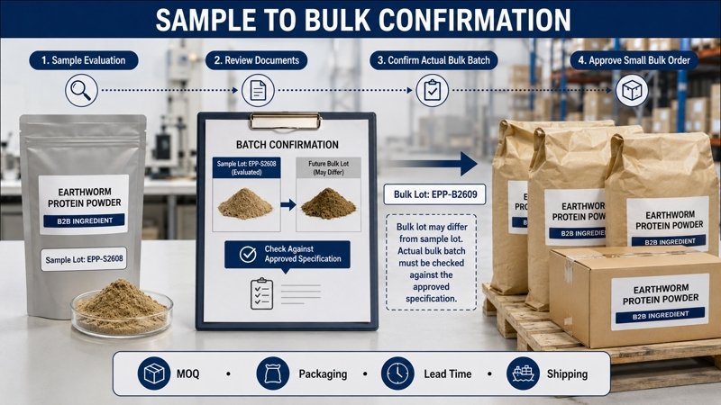 Earthworm Protein Powder sample, packaging and bulk order confirmation for B2B sourcing