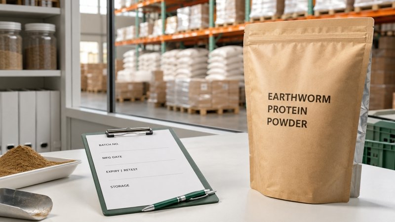 Earthworm Protein Powder shelf life review with batch documents and warehouse storage