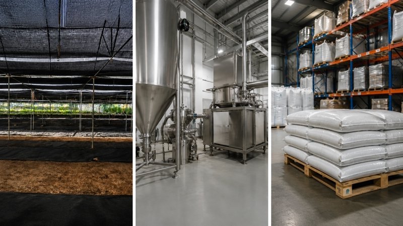 Earthworm Protein Powder supply chain covering the Allworms breeding base, separate factory processing and finished-product warehousing