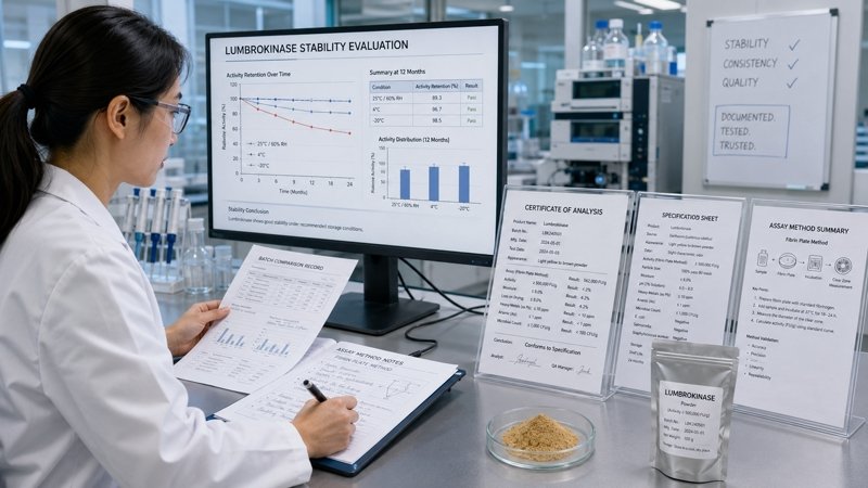 R&D specialist reviewing lumbrokinase activity results, COA, and specification sheet