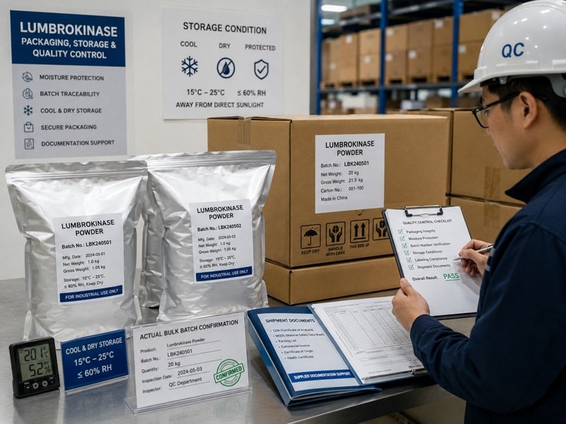 B2B buyer comparing lumbrokinase batch records, specification sheet and actual bulk batch documentation