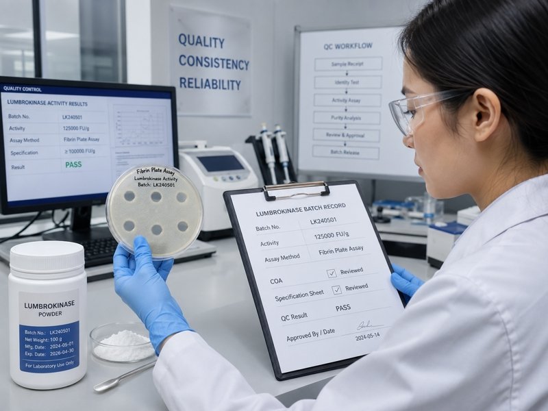 Laboratory technician reviewing fibrin plate assay results and batch COA for lumbrokinase powder