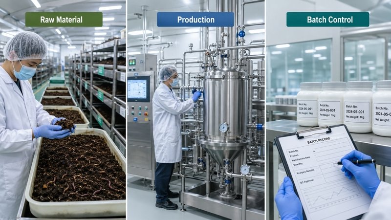 Earthworm raw material management for lumbrokinase manufacturing consistency