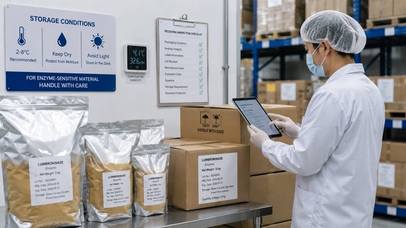 Sealed lumbrokinase packaging with cool and dry storage guidance for B2B buyers