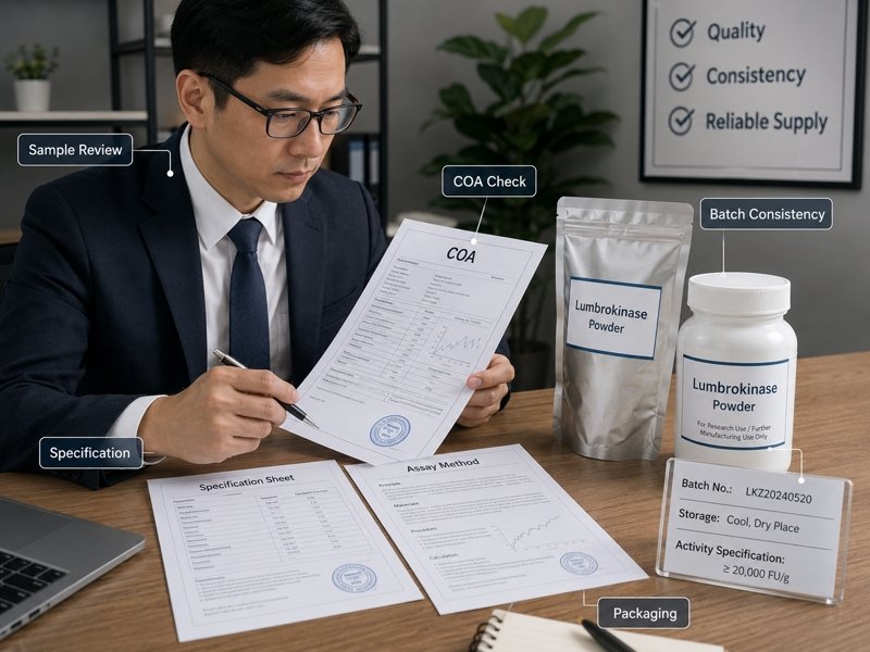B2B ingredient buyer checking lumbrokinase COA specification sheet activity unit assay method and batch number