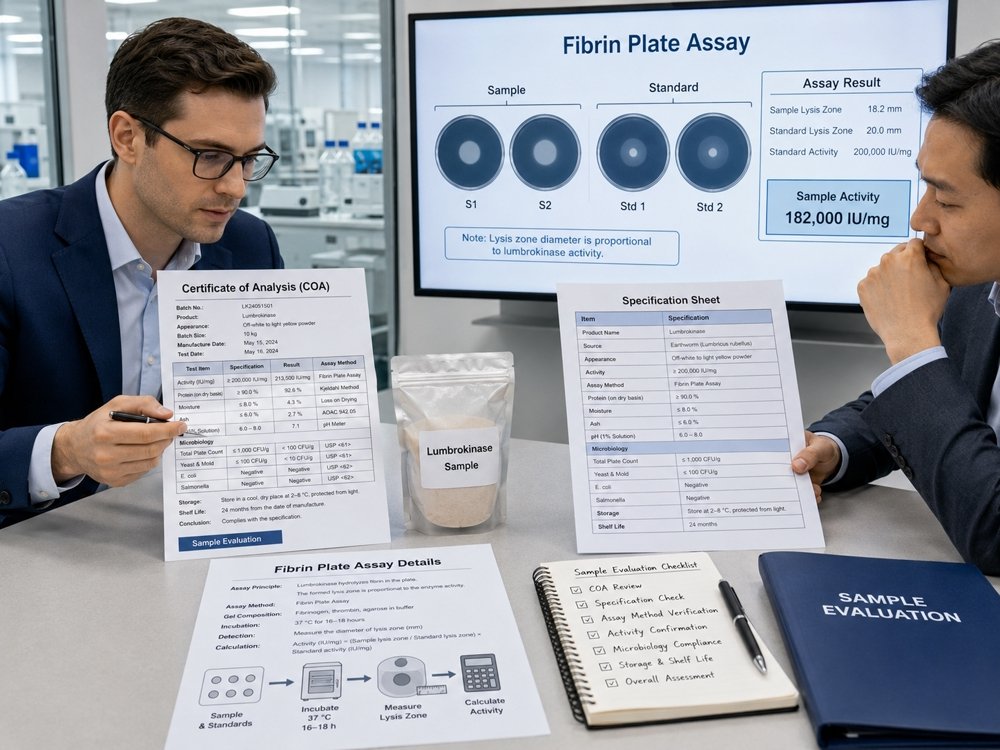 B2B buyer reviewing lumbrokinase sample COA specification sheet and fibrin plate assay details