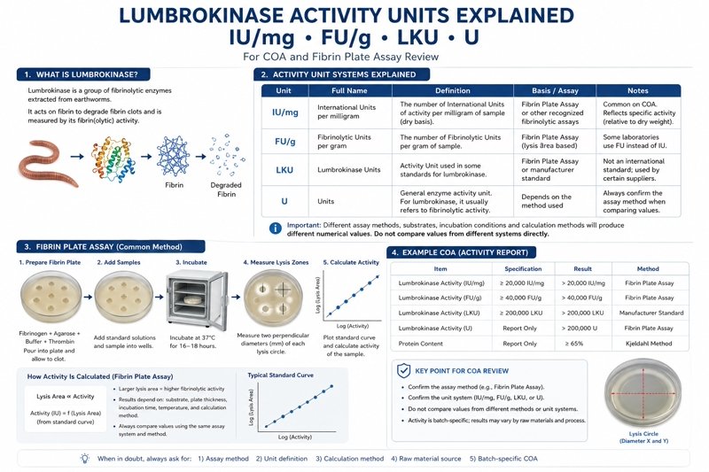 Lumbrokinase activity units IU/mg FU/g LKU and U explained for COA and fibrin plate assay review