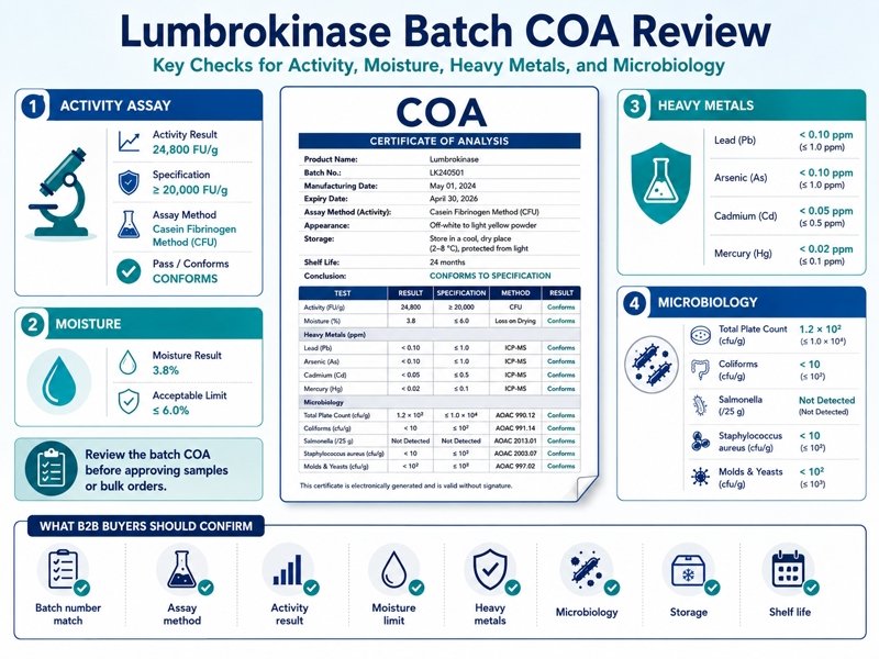 Lumbrokinase batch COA review including activity assay moisture heavy metals and microbiology