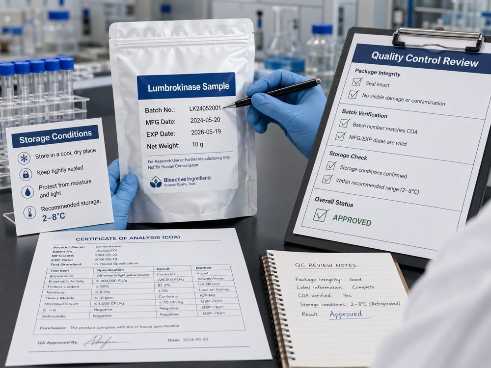 Lumbrokinase sample packaging batch number storage condition and quality control review