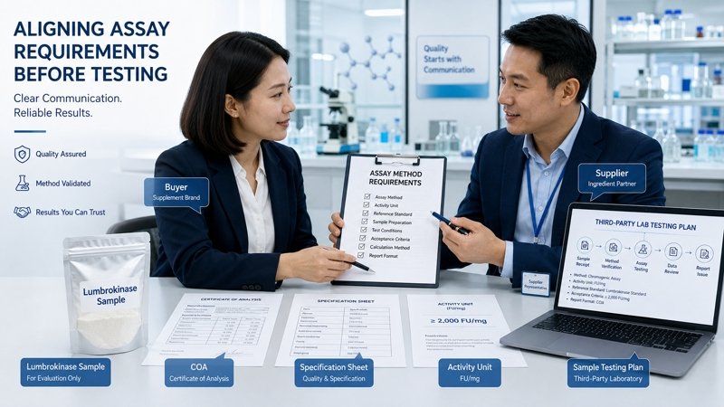 Buyer reviewing lumbrokinase COA activity unit, assay method, and sample batch number