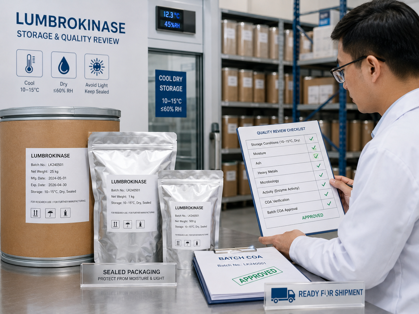 Lumbrokinase bulk batch documentation review covering moisture, ash, heavy metals and microbiology