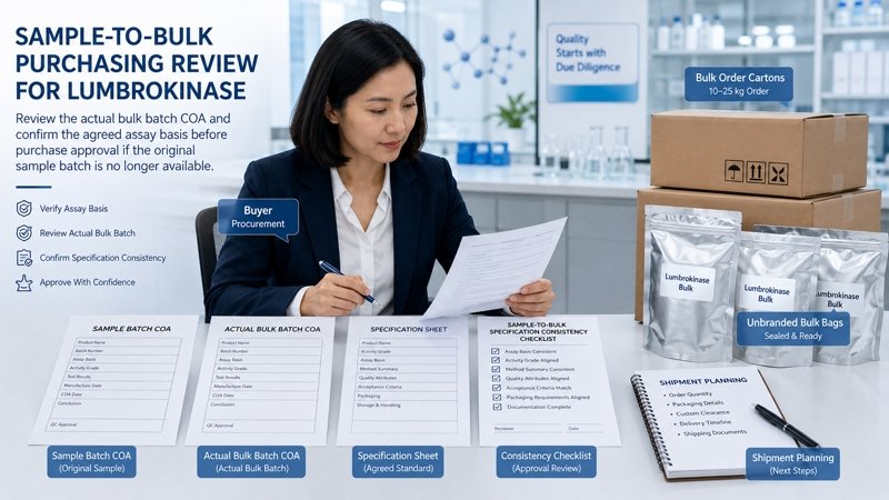 Lumbrokinase sample-to-bulk specification consistency review for a 10–25 kg order