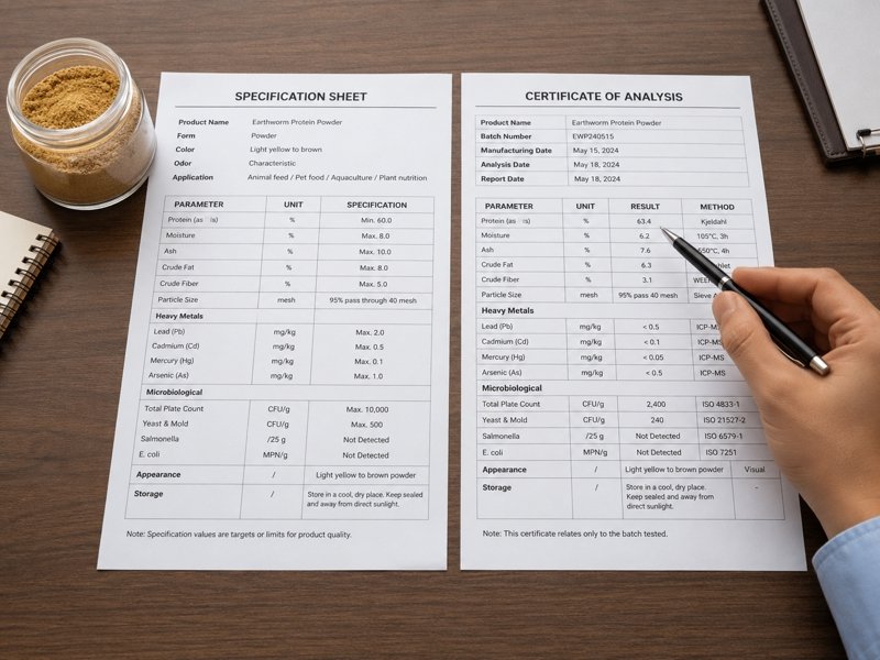 Buyer comparing Earthworm Protein Powder COA with specification sheet