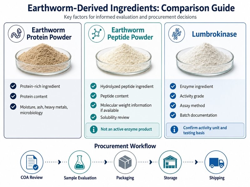 Product selection workflow for choosing protein, peptide or lumbrokinase ingredients