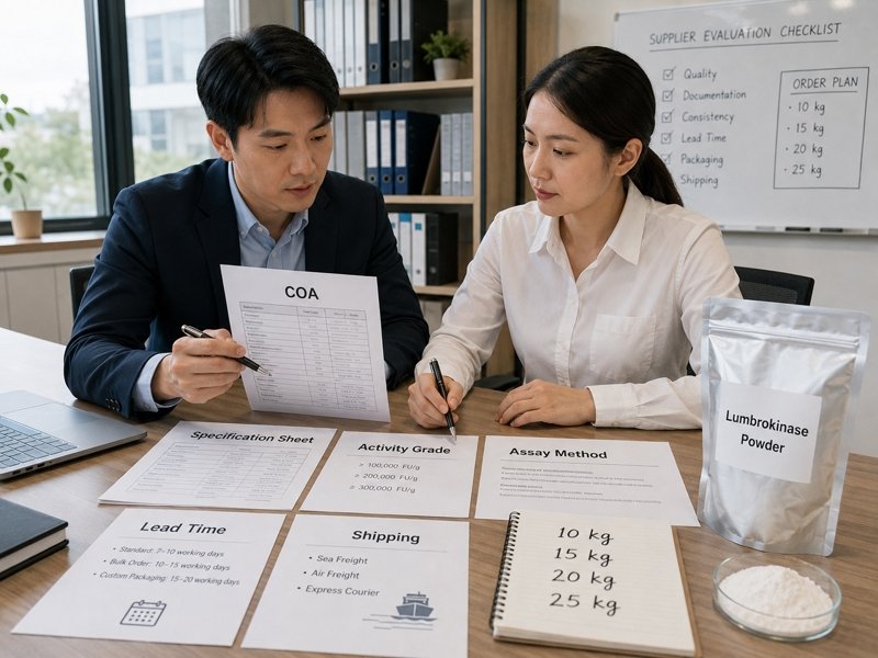 B2B buyer checklist before buying 10–25 kg lumbrokinase powder, including COA, activity grade, assay method and lead time