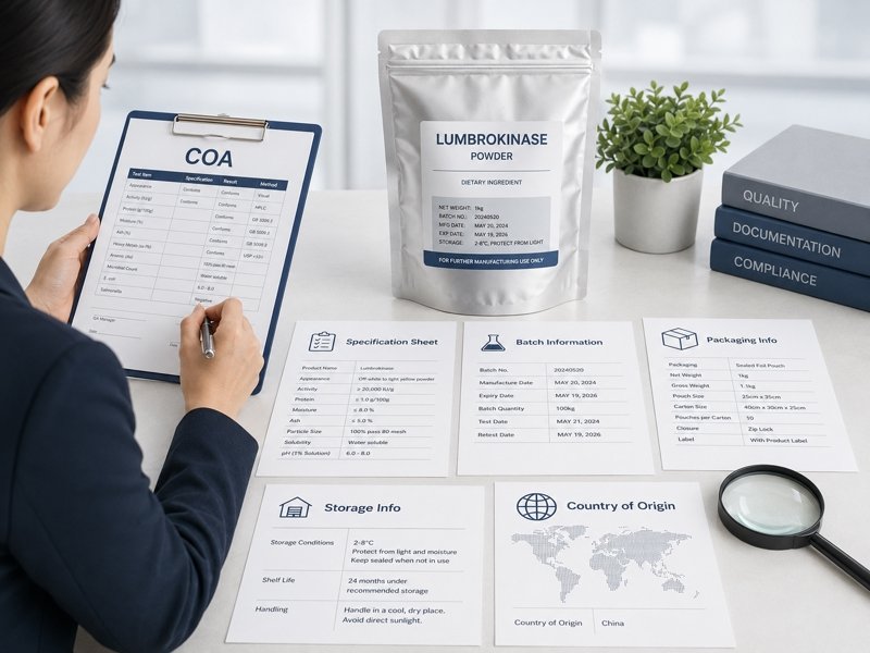 Lumbrokinase supplier documents including COA, specification sheet, batch information and packaging details