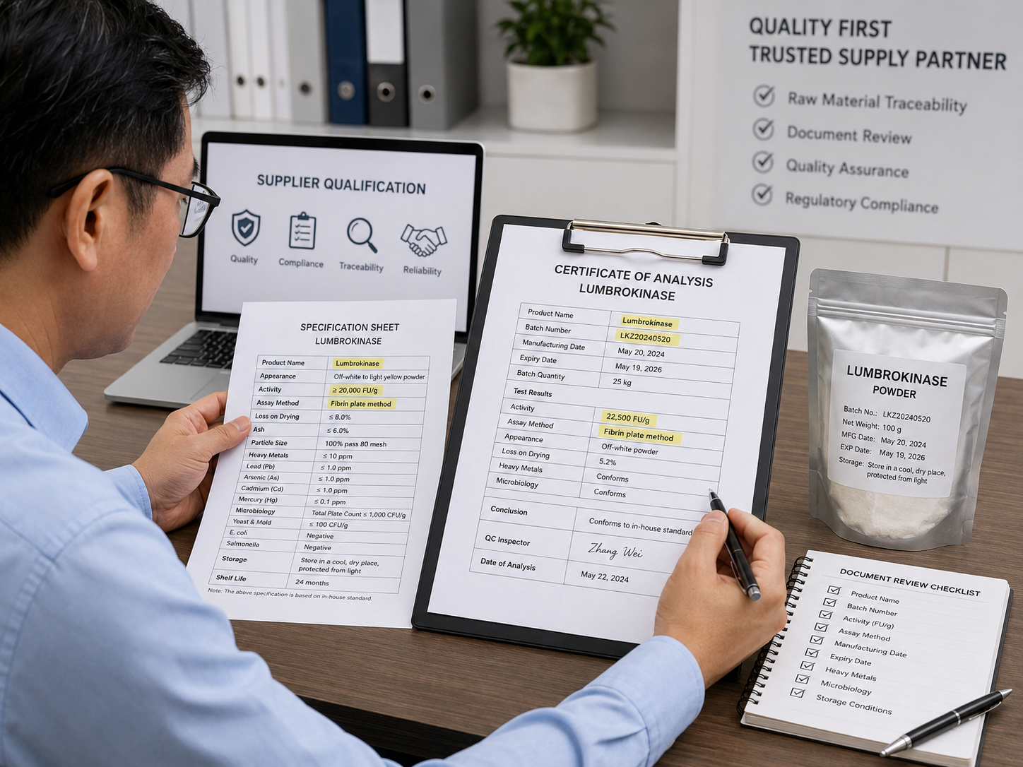 Small supplement brand conducting a lumbrokinase COA review before sample and bulk order approval