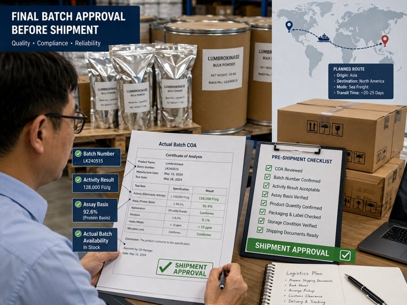 Buyer checking lumbrokinase batch documents and actual available batch information