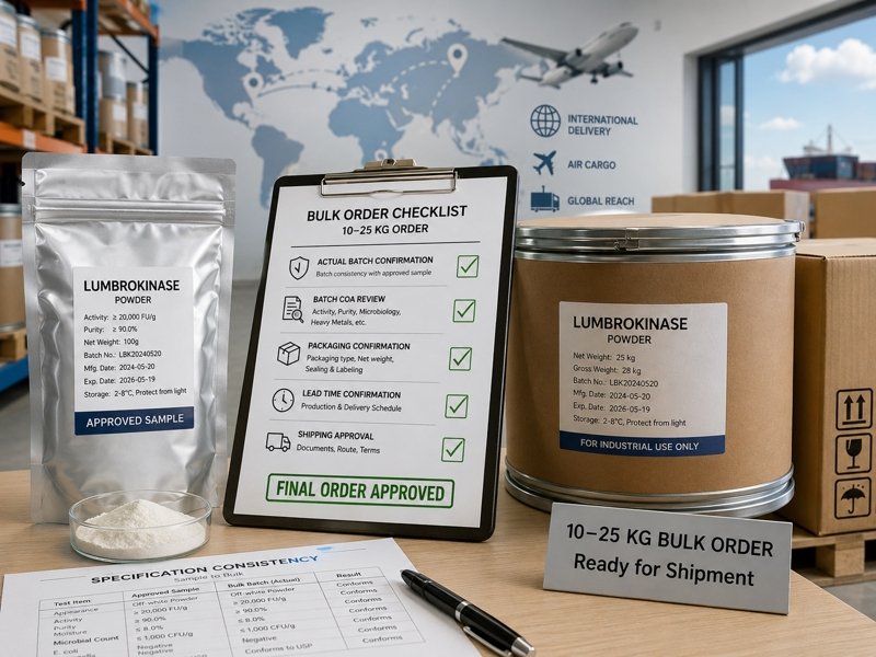 10–25 kg lumbrokinase bulk order approval with packaging, batch COA, lead time, DHL shipping and DDP delivery confirmation