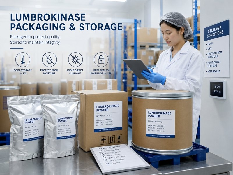 Sealed lumbrokinase powder packaging with batch label and storage information