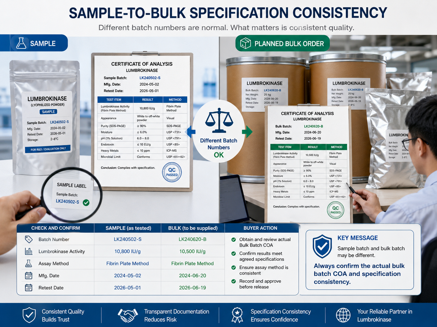 Quality manager comparing a lumbrokinase sample label with the corresponding batch COA
