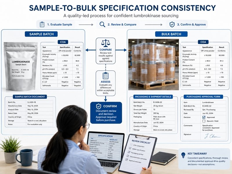 Lumbrokinase sample and bulk batch documents checked for specification consistency