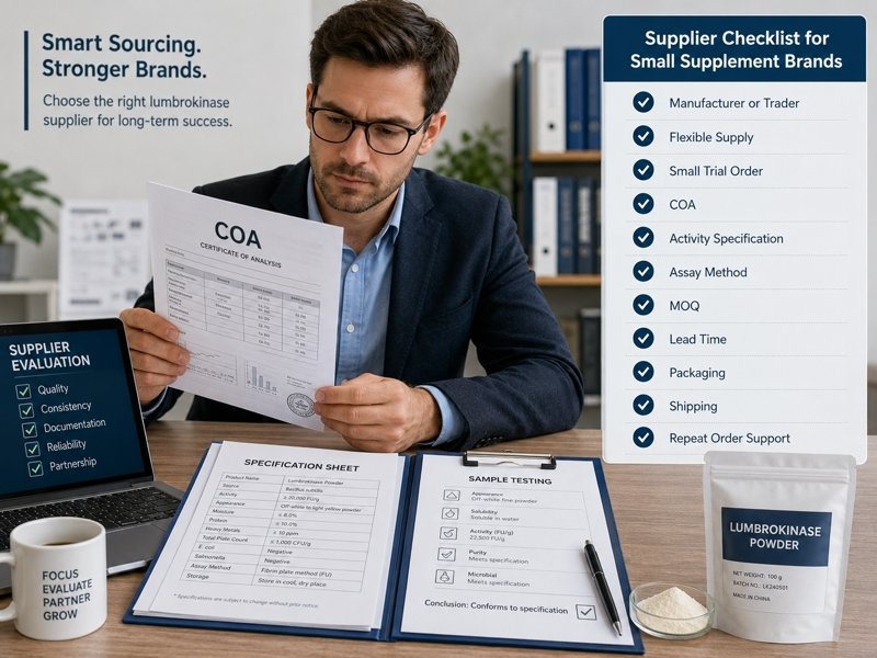 Small supplement brand comparing lumbrokinase supplier COA, specification sheet and sample testing plan