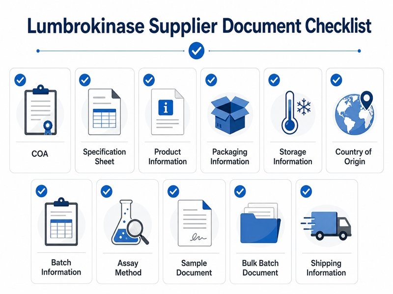QA buyer reviewing lumbrokinase COA and specification sheet before supplier approval