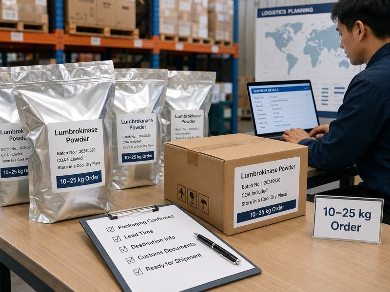 Supplement ingredient buyer checking lumbrokinase batch documents, DHL shipping, DDP availability and delivery details