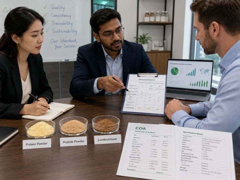 B2B buyer reviewing COA and specification sheets for three earthworm-derived ingredients