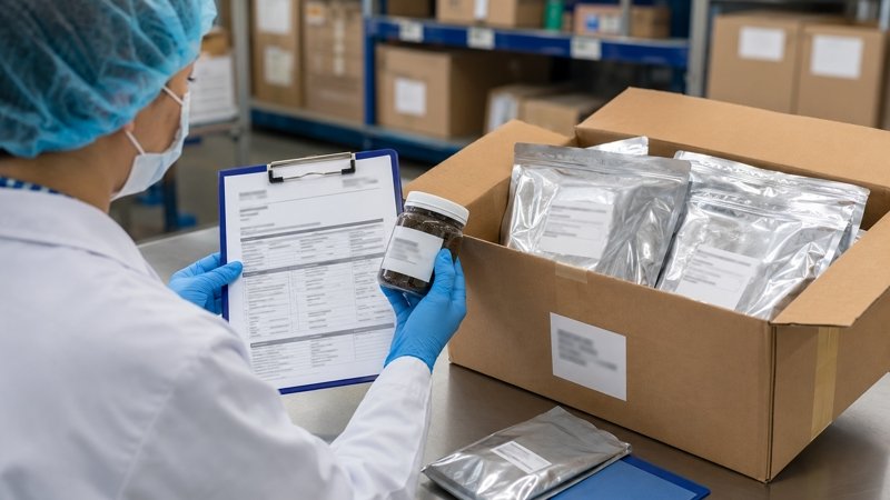 Quality staff reviewing batch documents, ingredient samples and sealed packaging before shipment