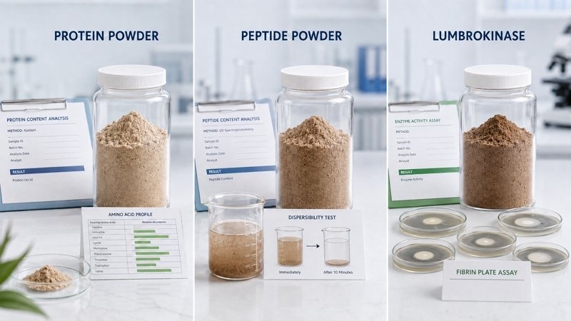 Earthworm ingredient quality tests comparison for protein powder, peptide powder and lumbrokinase