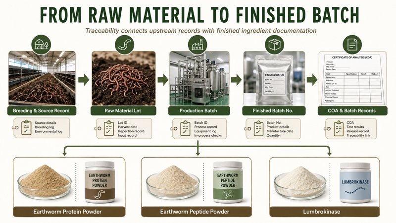 Earthworm ingredient traceability from breeding and raw material records to finished batch COA