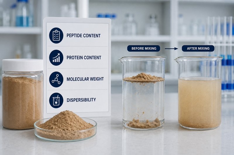 Earthworm Peptide Powder quality testing for peptide content, molecular weight and dispersibility