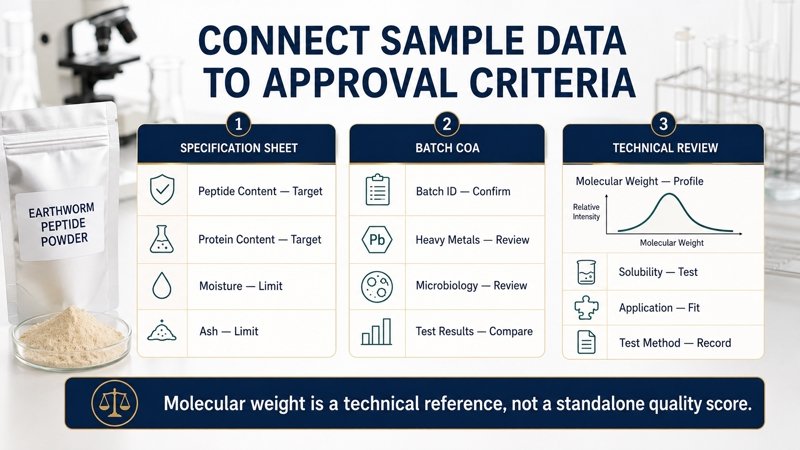 Earthworm Peptide Powder specification sheet, batch COA and technical data comparison for sample approval