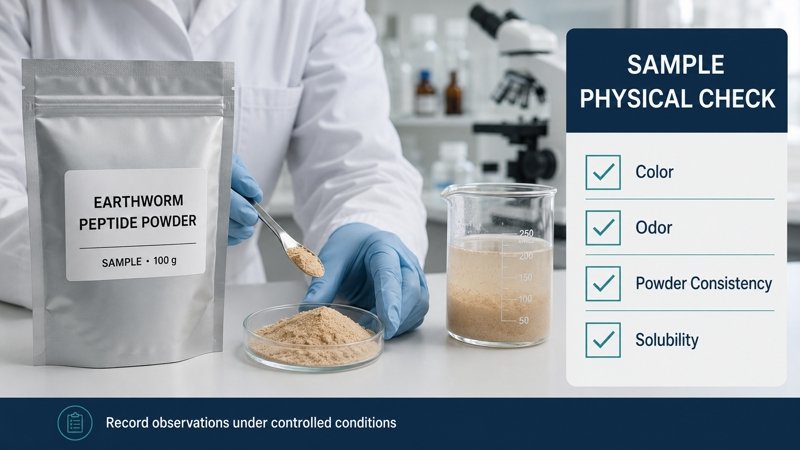 Earthworm Peptide Powder sample physical inspection for color, odor, powder consistency and solubility