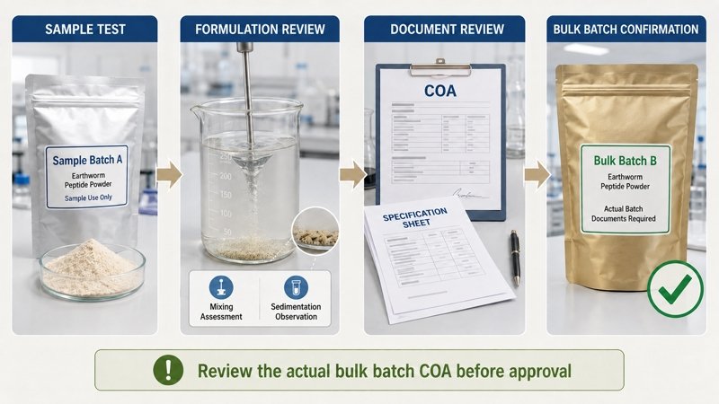 Earthworm peptide powder sample testing, formulation review and bulk batch approval process