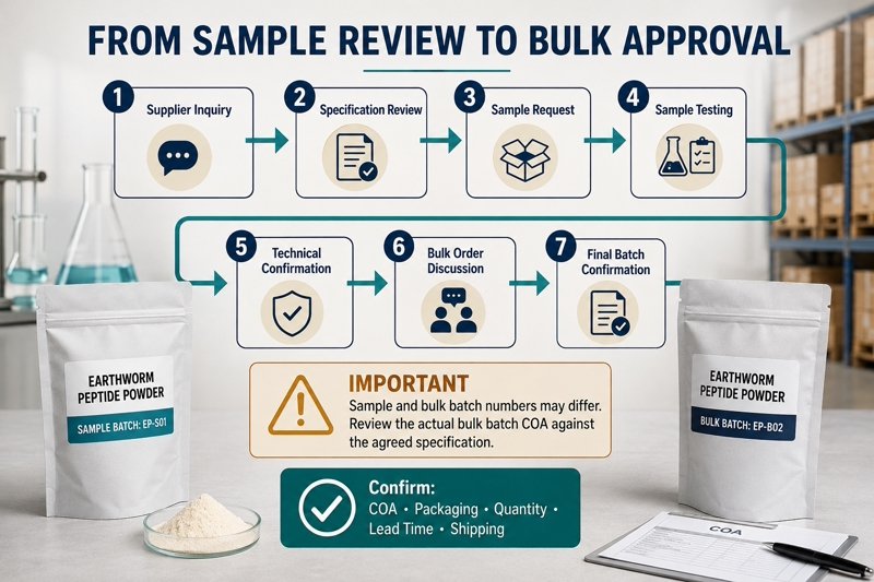 Earthworm Peptide Powder sample-to-bulk approval workflow with final bulk batch COA confirmation