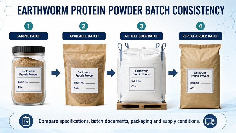 Earthworm protein powder batch consistency from sample batch to bulk and repeat-order batches